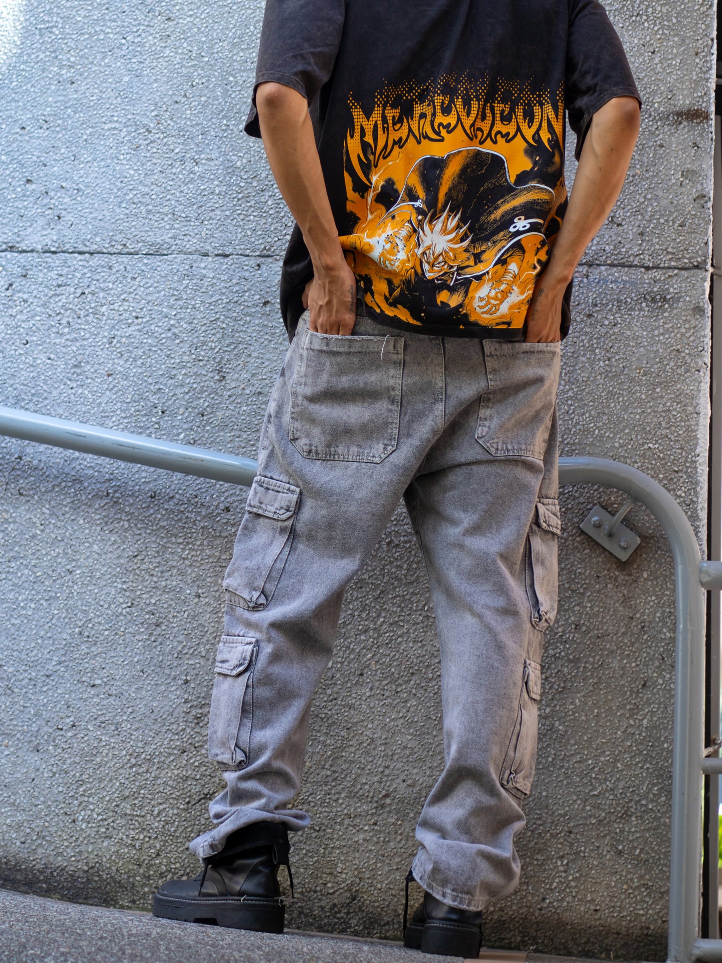 Pantalón Gris Acid Wash Cargo